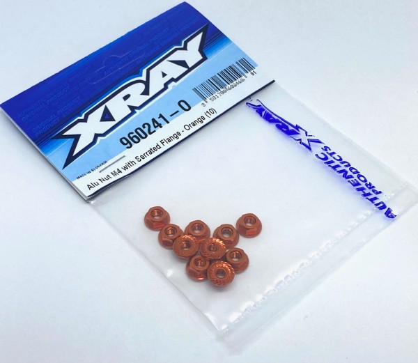 XRAY 960241-O - Alu Muttern mit Kragen - verzahnt - M4 - ORANGE (10 Stück)