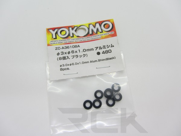 Yokomo ZC-A3610BA - YZ-2 / YZ-4 - Alu Unterlegscheiben 3x6x1.0mm - SCHWARZ (8 Stück)
