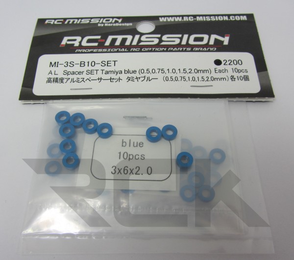 RC-Mission MI-3S-B10-SET - Alu Shim Set - BLAU - 0.5 / 0.75 / 1.0 / 1.5 / 2.0mm (jeweils 10 Stück)